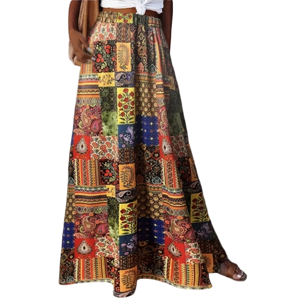 Long Maxi Skirt Medium Colorful Patchwork Print Bohemian Style Skirts Outfit - Picture 6 of 7